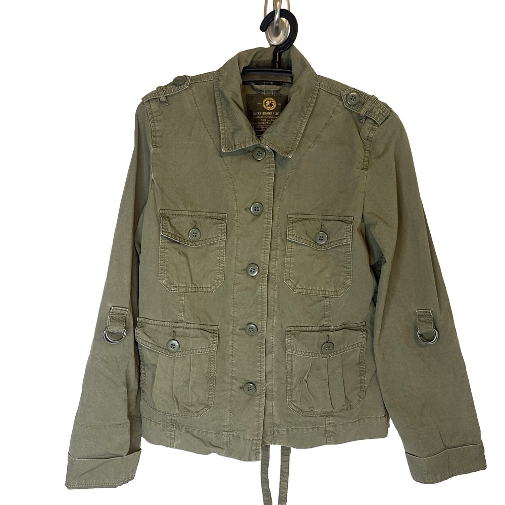 Lucky Brand Womens Green Military Style Jacket M Button Roll-up Sleeve Casual
